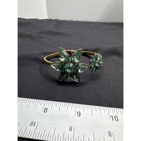 Vintage Gold Copper-Tone Hinged Cuff Bracelet With Large Green Gemstone Floral D - Picture 1 of 9